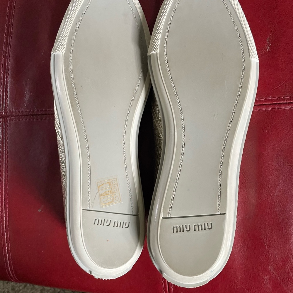 Miu Miu Metallic Gold Slip-On Loafers with Black Patent Toe - Picture 2 of 3